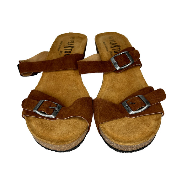 Plakton Bios Wedge Sandal Womens 40 Leather Suede Cork Strappy Slip On Coastal - Picture 2 of 8